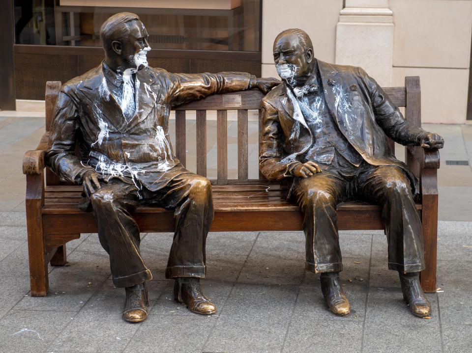  A statue of wartime leaders Winston Churchill and Franklin D. Roosevelt in New Bond Street was also targeted