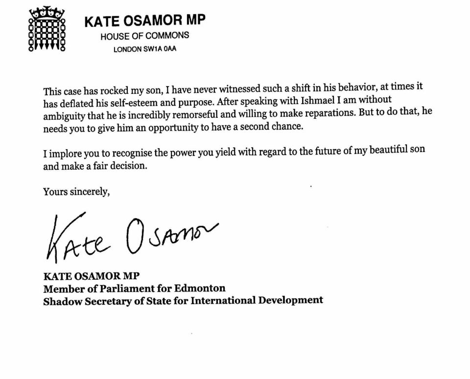  Kate Osamor's letter begging a judge to be lenient with her drug-dealing son