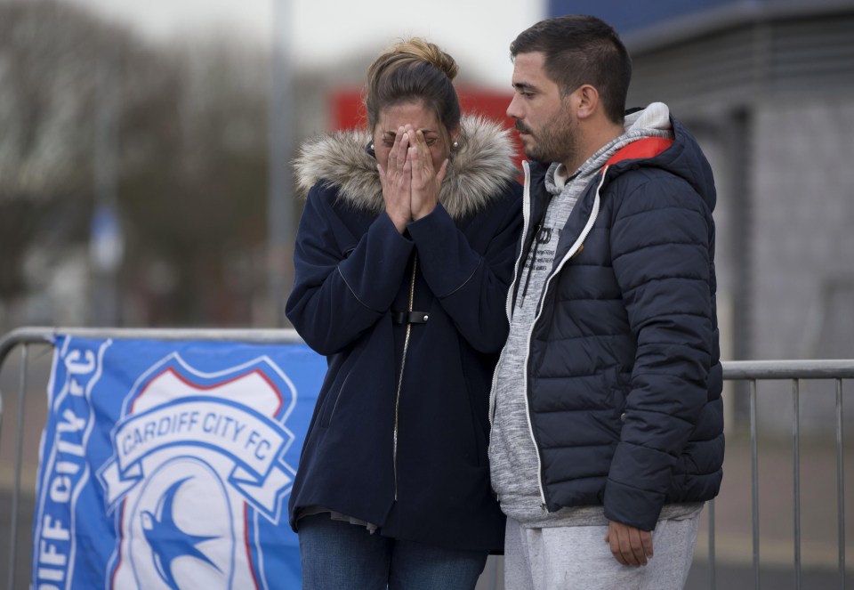 Emiliano Sala’s sister, Romina, weeps outside the Cardiff City Stadium