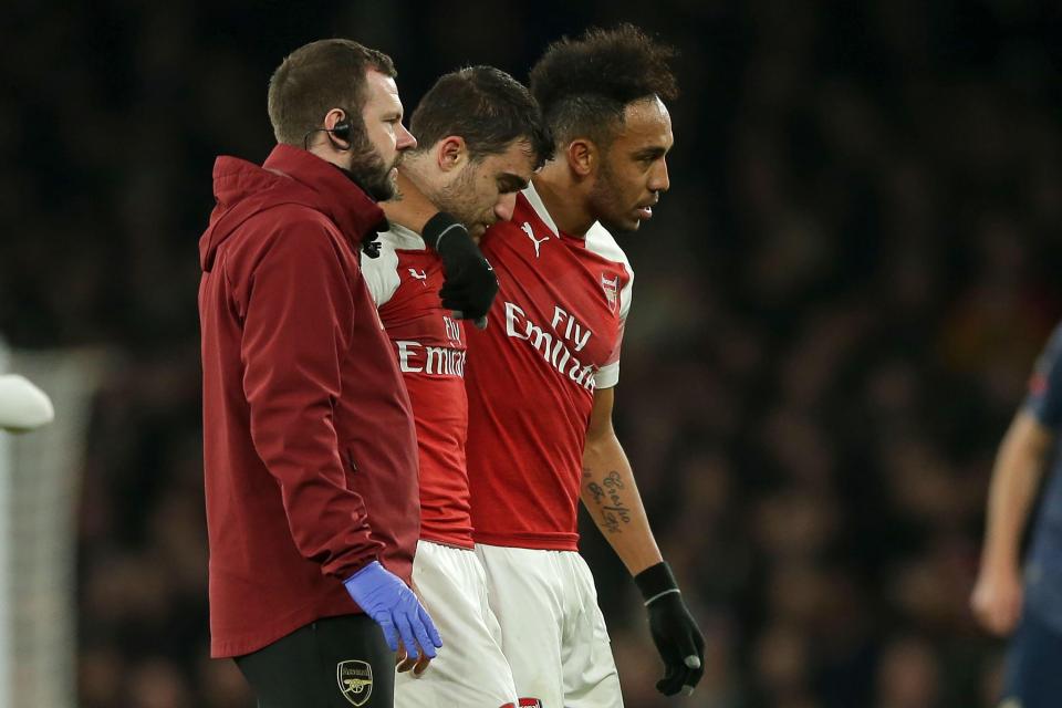  Sokratis limped off with an apparent ankle injury during the first half