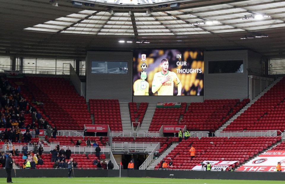 A tribute to Cardiff City striker Emiliano Sala is shown on the big screen during the FA Cup fourth round match at Riverside Stadium, Middlesbrough