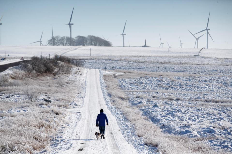  People enjoying a walk through Whitelee Windfarm in North Ayrshire, Scotland, earlier today