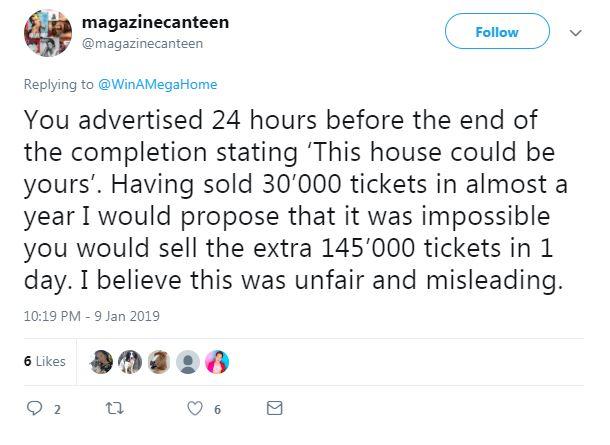  People who entered the Win A Mega Home competition suggested it was 'misleading'