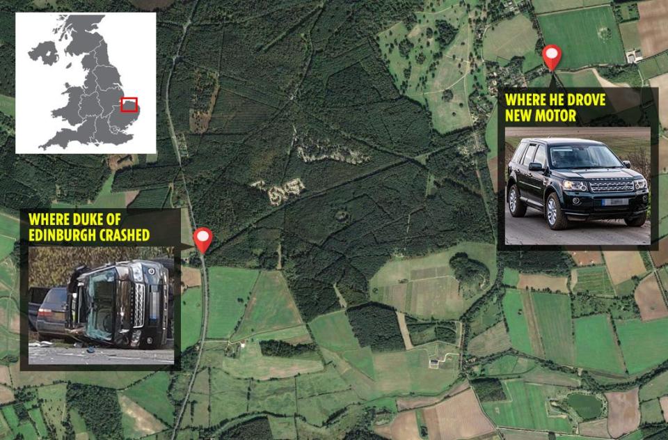  A map showing where the Duke was spotted driving and where he crashed on Thursday