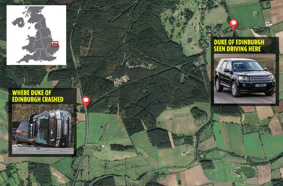  A map showing where the Duke was spotted driving today and where he crashed on Thursday