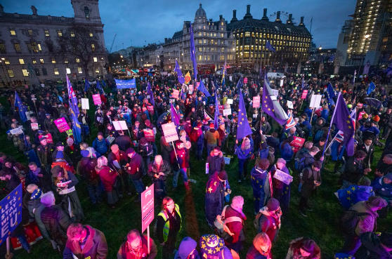  People's Vote campaigners who want another vote gathering outside Parliament