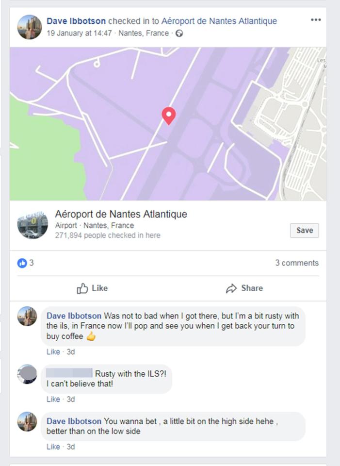  Mr Ibbotson shared posts after tagging himself at Nantes Airport before the doomed flight took off with Emiliano Sala on board