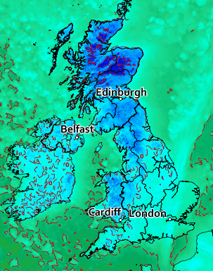  This Met Office graphic indicates the coldest parts of the country tonight (Tuesday)