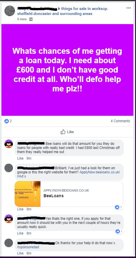  Another Twitter user reports seeing this advert from Bee Loans on Facebook