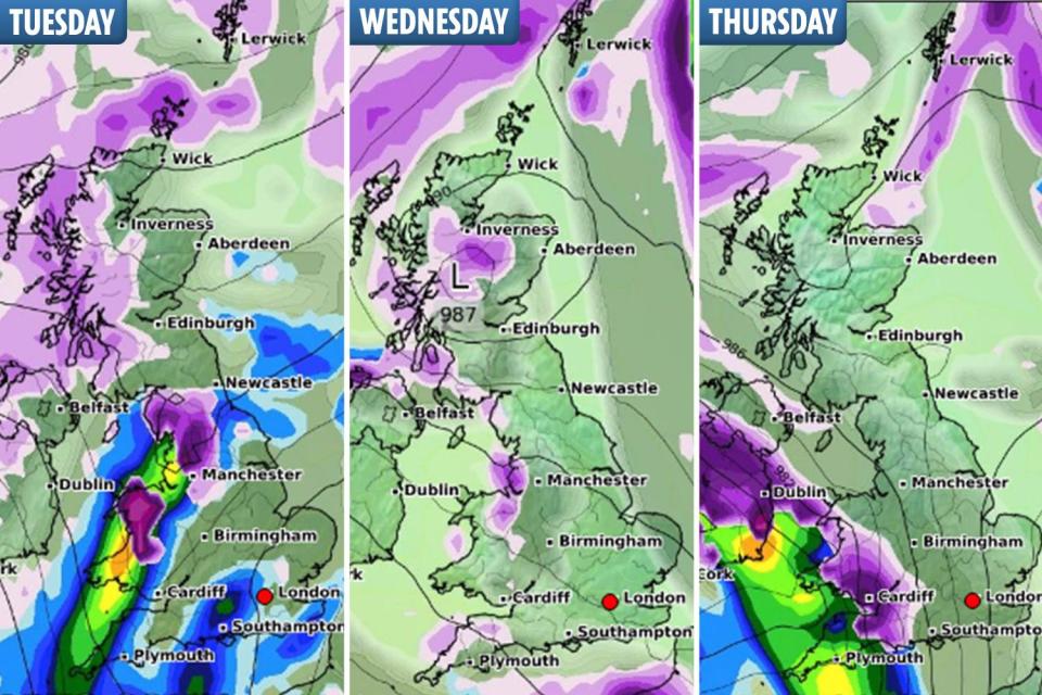  The forecast for the next three days, with purple patches showing snow arriving for the country