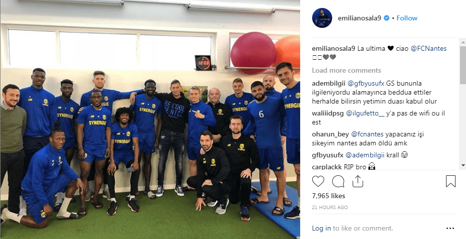 Emiliano Sala poses with his Nantes team-mates in his social media post titled 'The Last Goodbye'