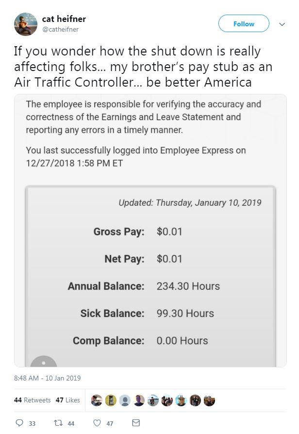  Many federal workers are sharing images of their blank pay cheques in protest of the shutdown