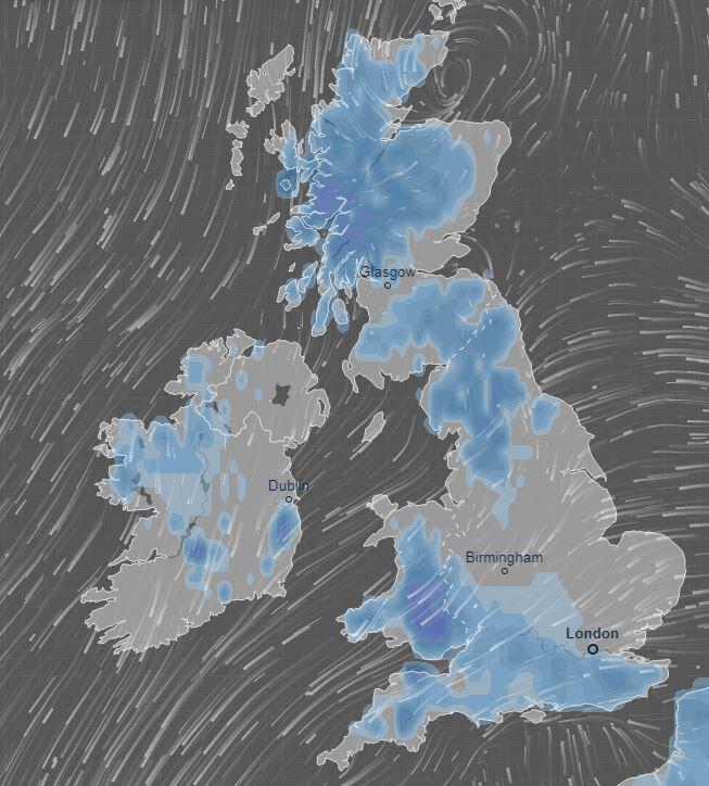  This map shows snowfall across the UK tomorrow which will cover most of southwest England, south Wales, northern England and Scotland