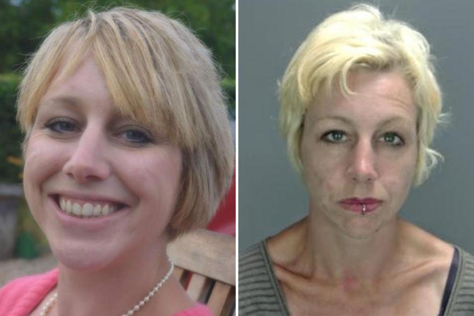  The sad decline of respected teacher Angela Davey is shown here, with a photo of her in happier, healthier times, and on the right, the recent police mugshot