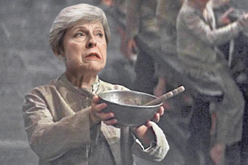  Theresa May, mocked up as Oliver Twist, as she makes pleas to Germany and Spain to save her Brexit deal