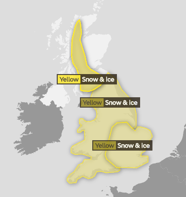  The Met Office has issued three yellow weather warnings for snow and ice for today