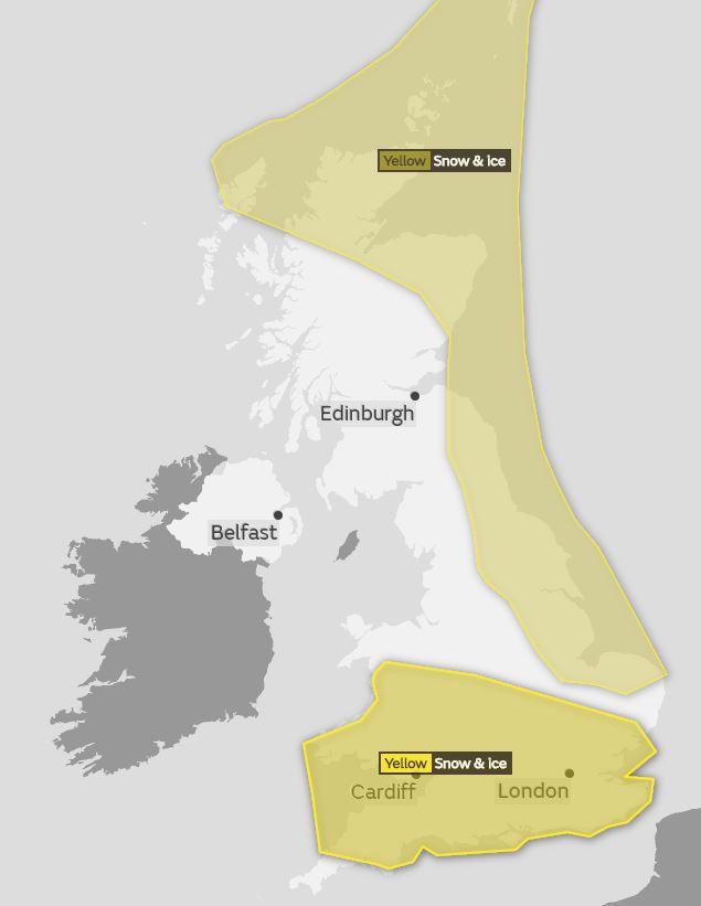  The Met Office has put yellow warnings for ice and snow in place across most areas of the UK for Friday and another four inches of snow is set to fall overnight