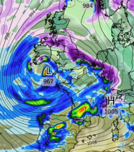  Snow blasting the UK on Thursday (shown by the purple colour)