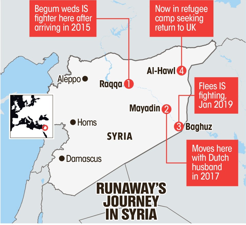 Map showing runaway jihadi bride Shamima Begum's journey in Syria