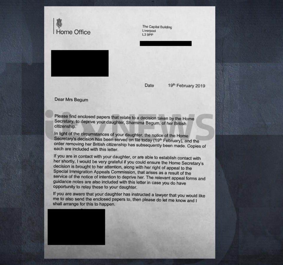  A Home Office letter was received by Begum's family yesterday