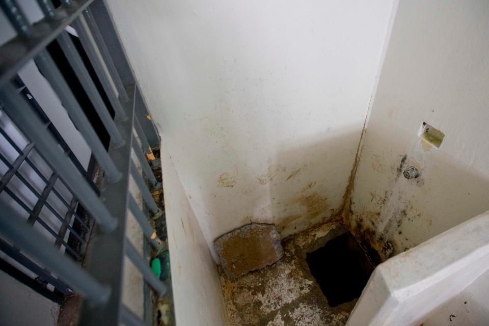  The shower area where Guzman slipped into a tunnel to escape from his prison cell at the Altiplano maximum security prison west of Mexico City