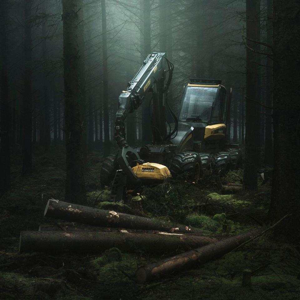 A machine in a woodland on Dartmoor where fog had crept into the woods. creating an eerie atmosphere