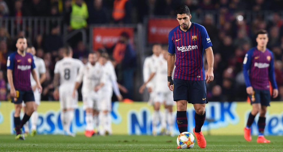  Luis Suarez looks forlorn after Barcelona fell behind to Real Madrid in the Copa del Rey semi-final first leg