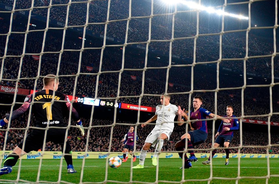  Barcelona's German goalkeeper Marc-Andre Ter Stegen has little chance as Lucas Vazquez hits the opener