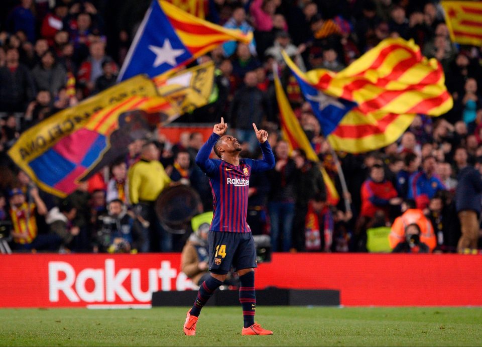  Barcelona's Brazilian midfielder Malcom takes the acclaim after grabbing the equaliser