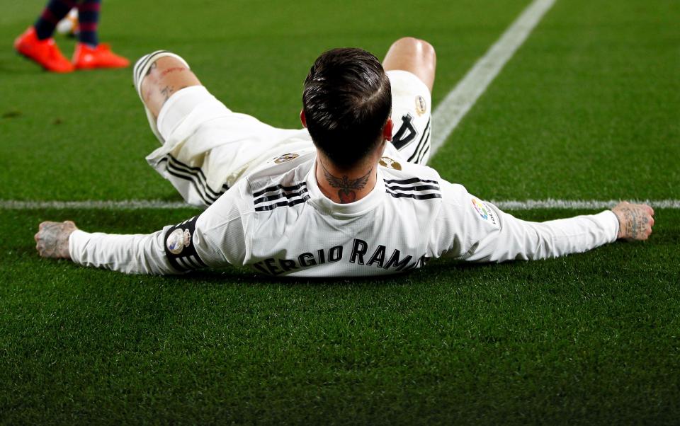  Sergio Ramos was left slumped in a pile on the floor by the Nou Camp advertising boards