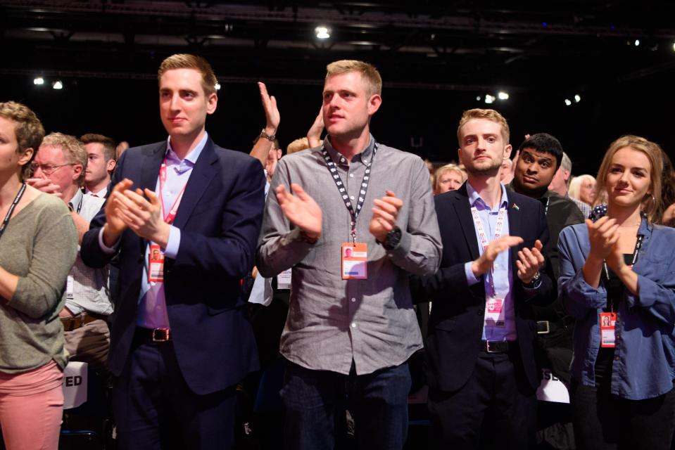  Seb, Benjamin and Tommy Corbyn during their father's speech at the Labour Party annual conference on September 26, 2018