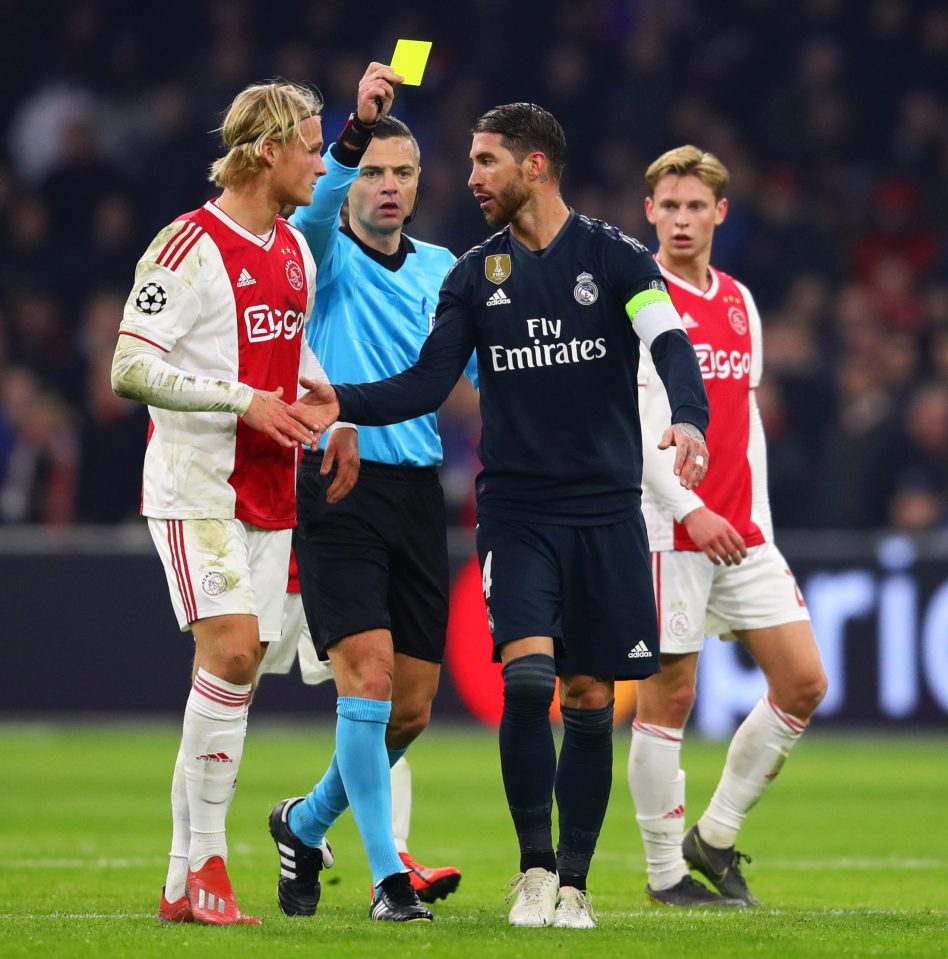  Ramos, 32, fouled Kasper Dolberg in the 89th minute in Amsterdam on February 13