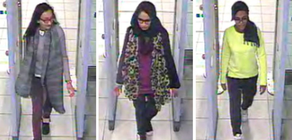 CCTV picture of Shamima Begum, 15, (centre picture) at Gatwick airport in 2015