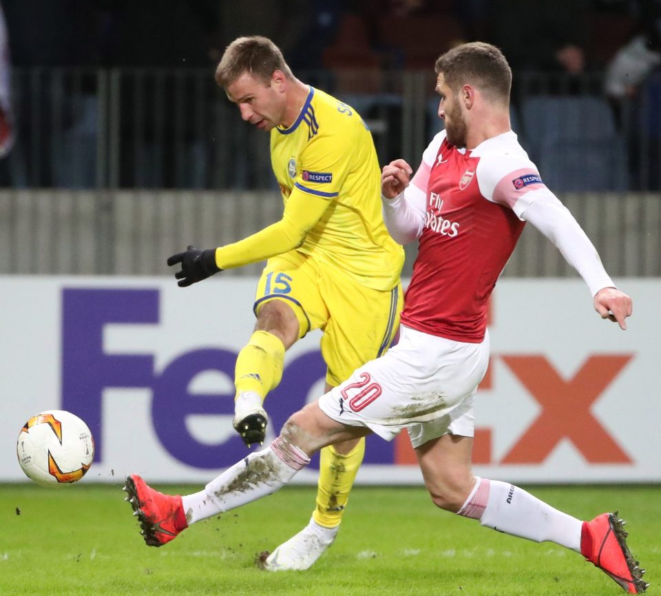  Shkodran Mustafi struggles to keep out Maksim Skavysh as BATE made the most of their rare attacks to claim an historic 1-0 victory over the misfiring Gunners