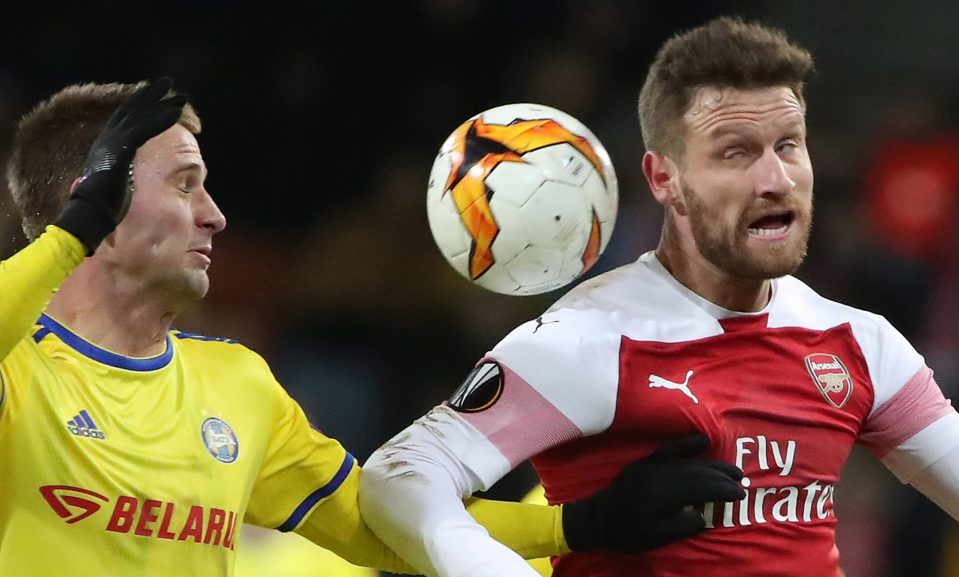  Shkodran Mustafi goes head to head with Bate frontman Maksim Skavysh in a shock 1-0 defeat for the Gunners on Thursday night in the last-32 first leg tie