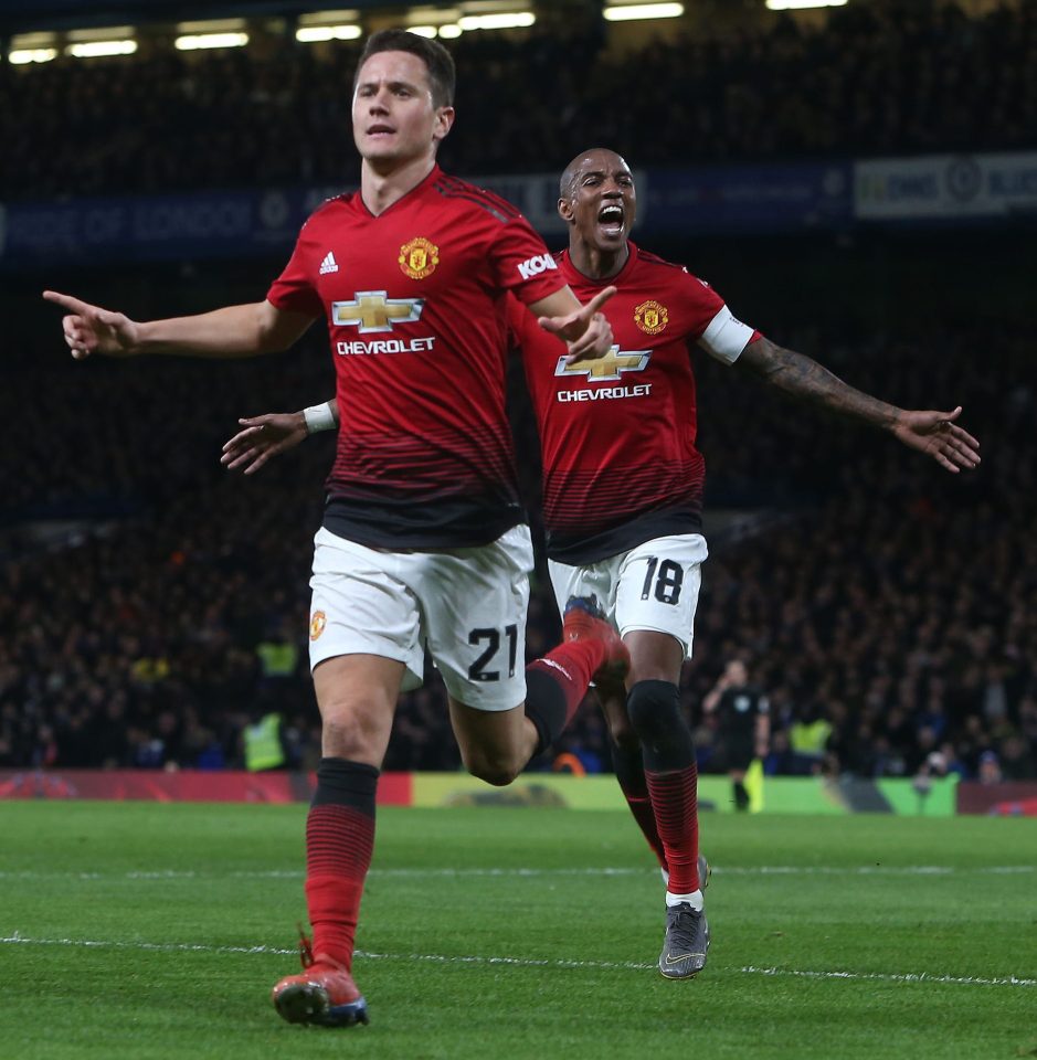  Ander Herrera celebrates his opener at Stamford Bridge in the 2-0 FA Cup triumph