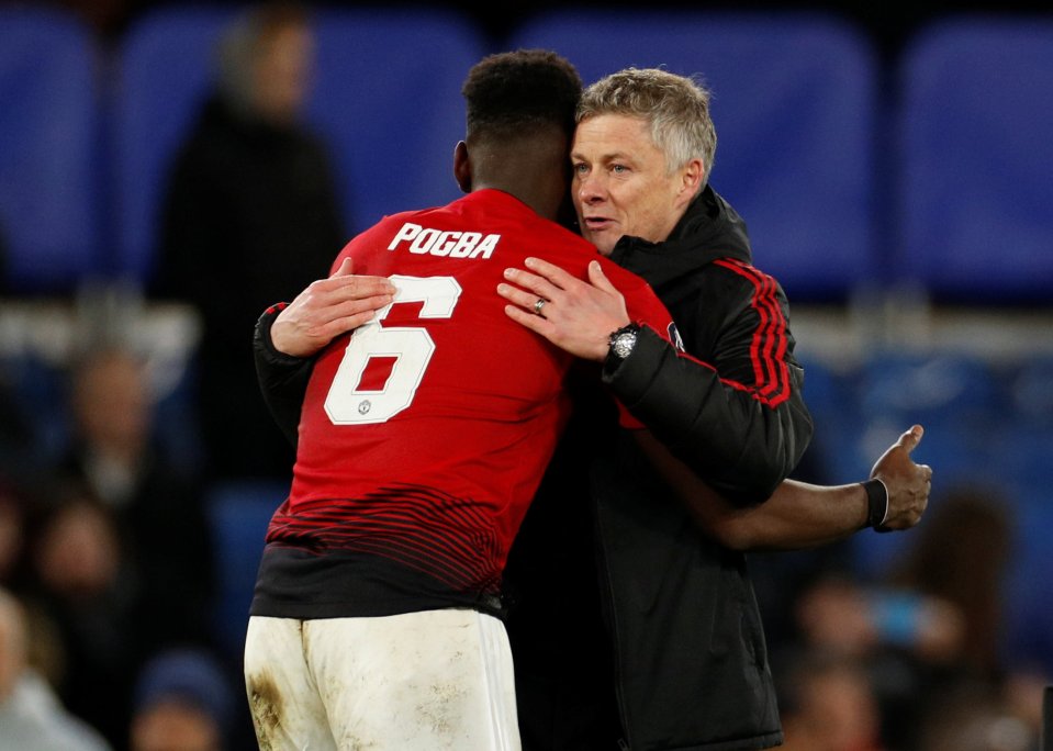  Paul Pogba hugged by Ole Gunnar Solskjaer after the Frenchman's magnificent performance