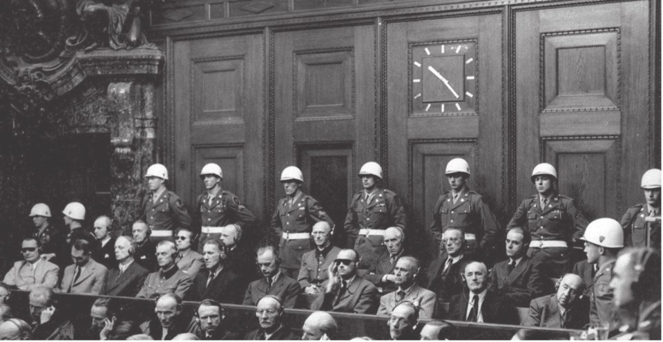  The former leaders of the Nazi regime in the dock at Nuremburg with Hitler’s former deputy Rudolf Hess, second from far left, who would go on to serve life imprisonment in Spandau Jail