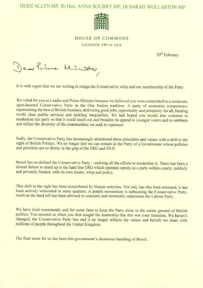  The letter to the Prime Minister, written and signed by MPs Heidi Allen, Anna Soubry and Sarah Wollaston