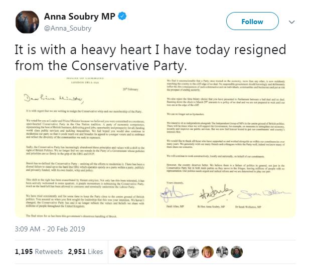  Pro-EU MP Anna Soubry announced her defection to the Independent Group on Twitter