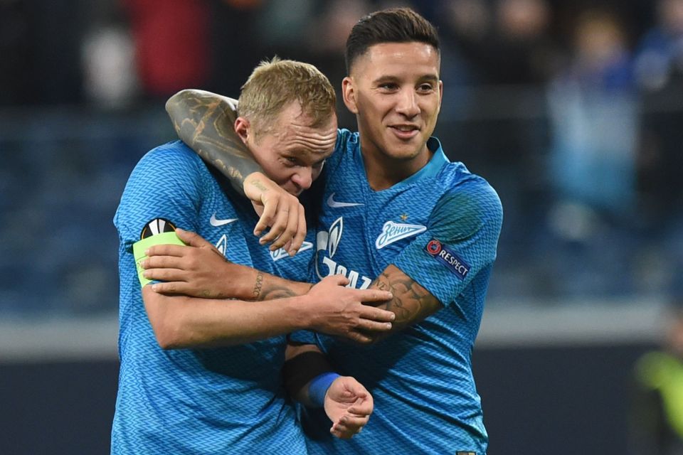  Alexander Anyukov and Sebastian Driussi celebrate Zenit St Petersburg's win