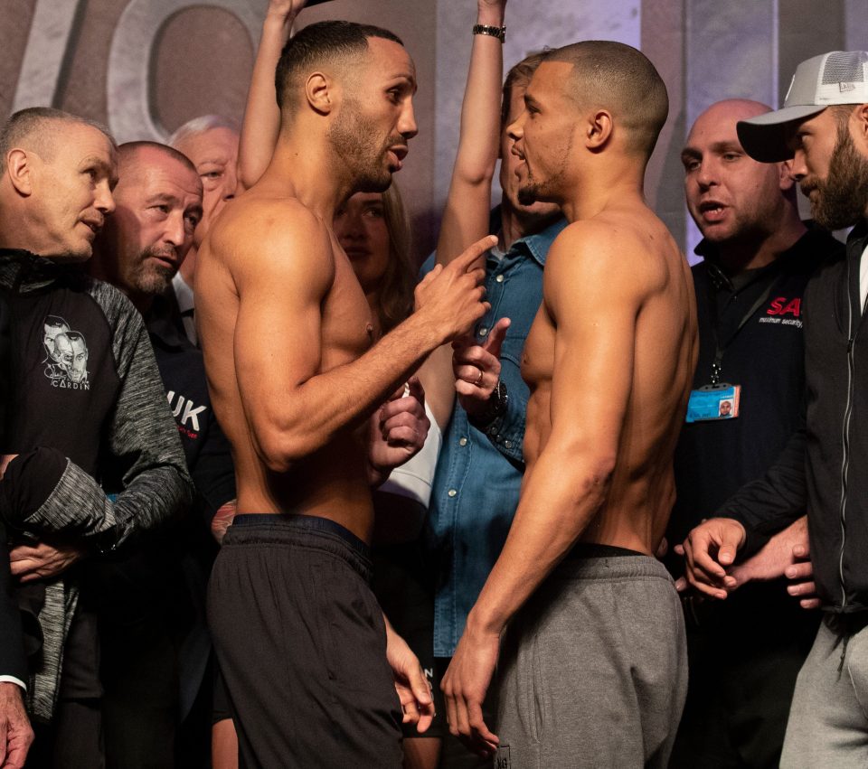  James DeGale jabs a finger in to the chest of Chris Eubank Jr at today's weigh-in