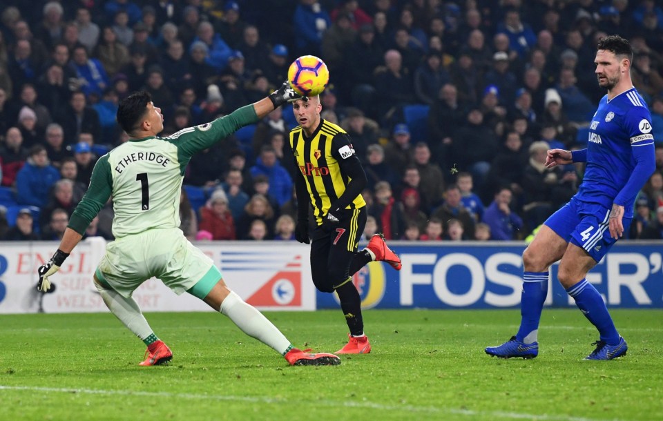 Goalscorers Deulofeu and Deeney celebrate together at the Cardiff City Stadium