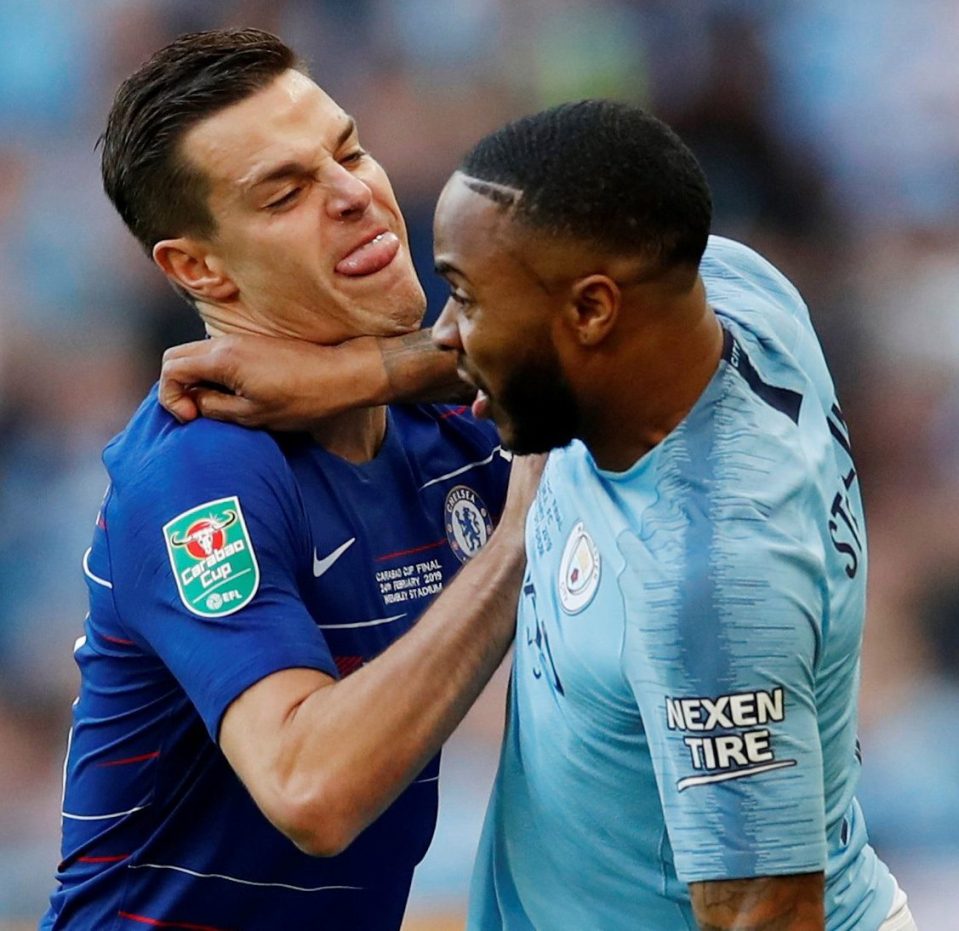  Raheem Sterling clashes with Cesar Azpilicueta amid feisty cup final exchanges