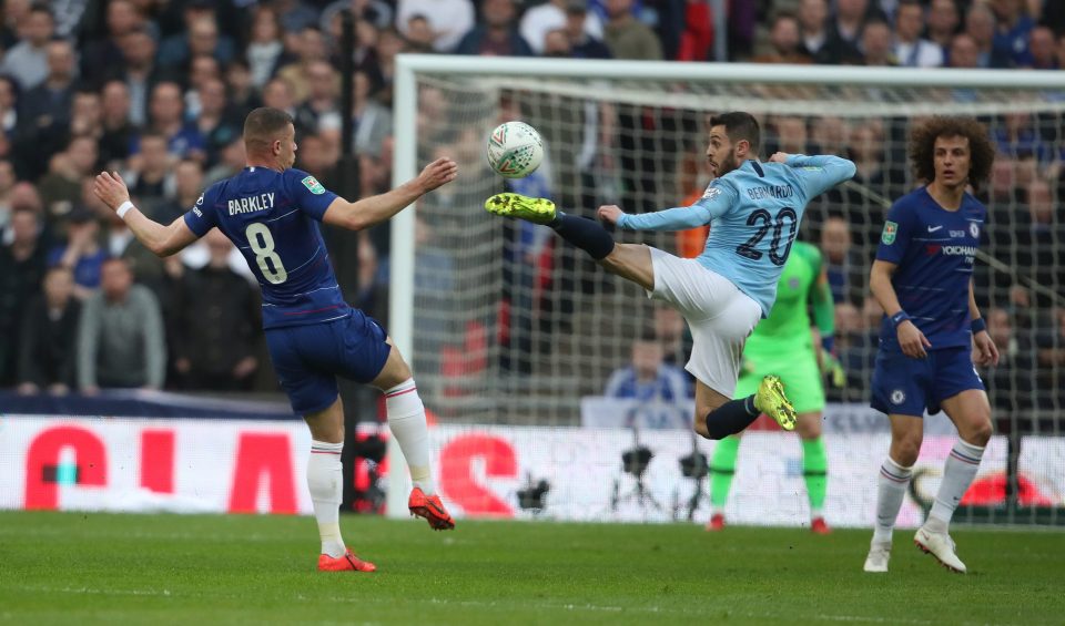  Chelsea star Ross Barkley goes toe to outstretched toe with Bernardo Silva