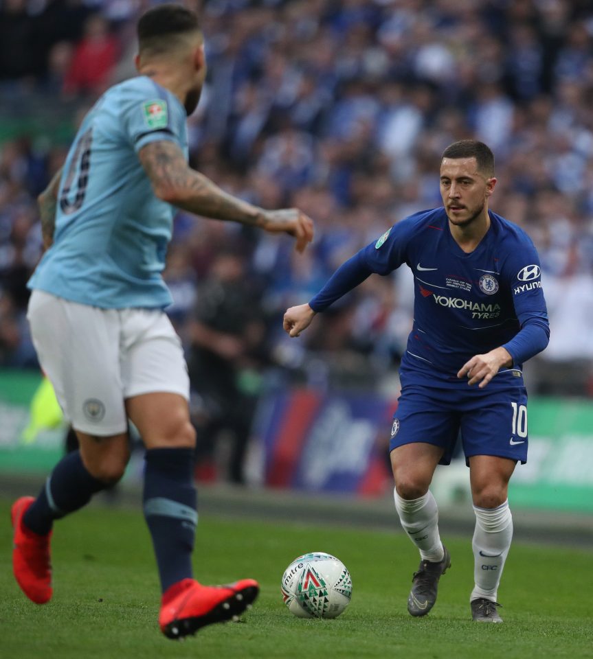  Chelsea playmaker Eden Hazard teases the City defence as they back off at Wembley