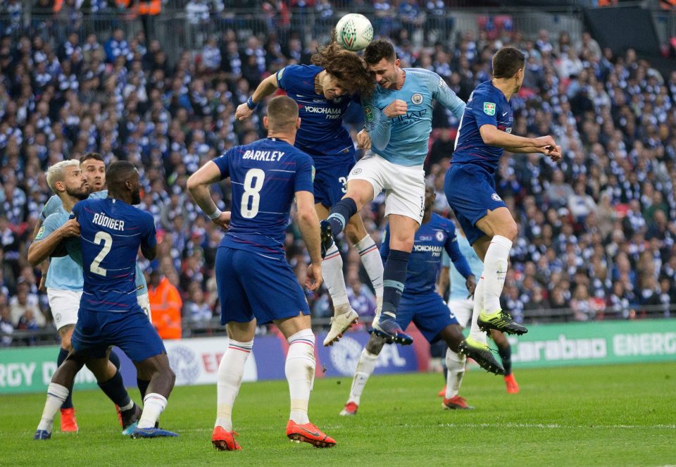  Chelsea defender David Luiz blocks Man City counterpart Aymeric Laporte