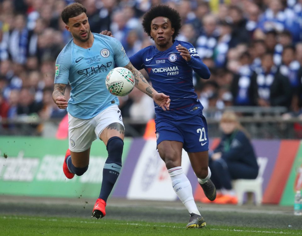  Kyle Walker closes down on Chelsea midfielder Willian in the Carabao Cup final