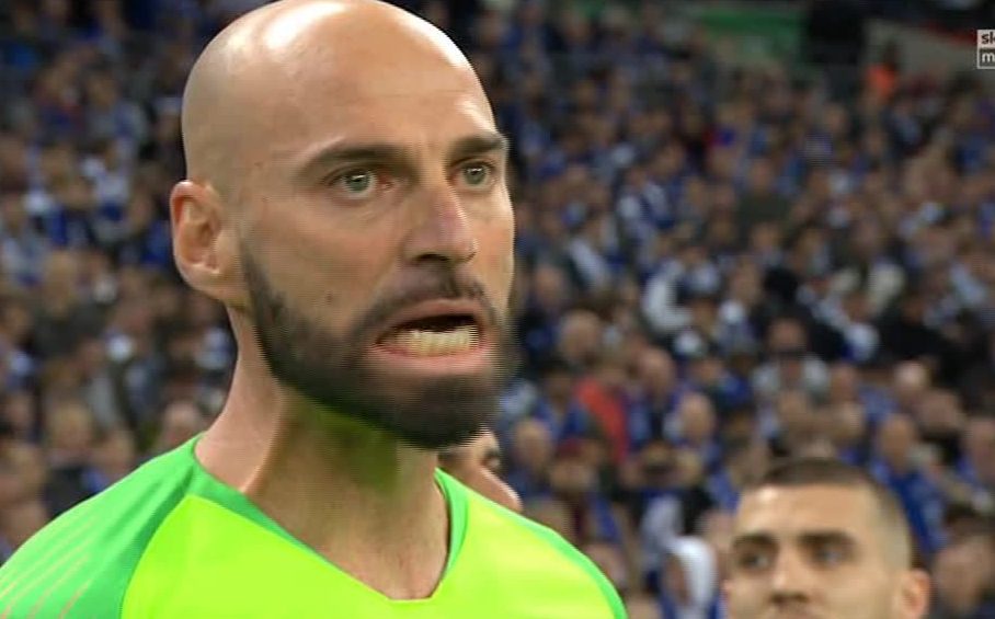  Willy Caballero cannot believe what is happening - as he warmed up to come on but saw Stamford Bridge stopper Kepa refuse to go off