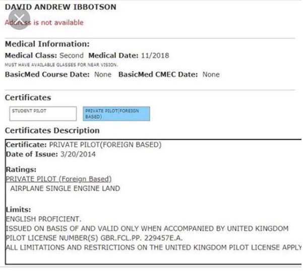  Mr Martin also shared this photo of Mr Ibbotson's pilot's licence - which allegedly shows he was not allowed to take passengers